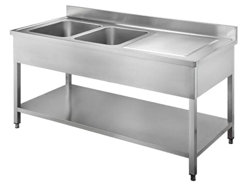 Arredo Chef Plonge INOX  Professionnel pour Cuisine Bar Hôtel Restaurant Collectivité 160x70x95cm 2 Bacs Gauche