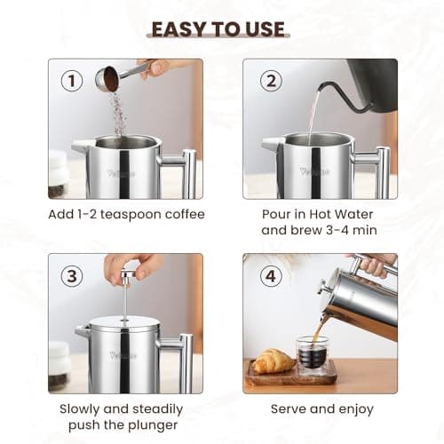 Velaze Cafetière à Piston en Acier Inoxydable 1 L pour 8 Tasses, Double Paroi Isolante avec 5 Flitres Recharges, Cafetiè