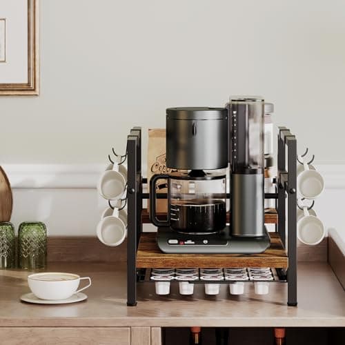 Étagère à Café Rustique, Support de Machine à Café avec Tiroirs pour K-Cups et Capsules, Idéal pour Café, Sirop et Tasse