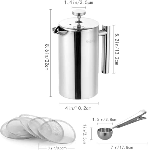 Velaze Cafetière à Piston en Acier Inoxydable 1 L pour 8 Tasses, Double Paroi Isolante avec 5 Flitres Recharges, Cafetiè