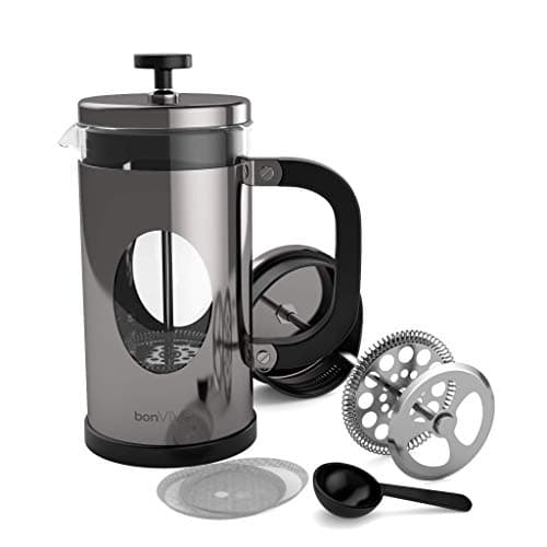 bonVIVO GAZETARO I - Cafetière Piston INOX, Cafetière à Piston, French Press en INOX et Verre Finition Argentée - Grande