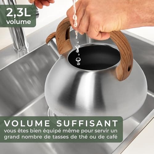 Bouilloire INOX Vintage WALDWERK 2,3 L pour Induction et Gaz - Poignée Aspect Bois - Sifflante