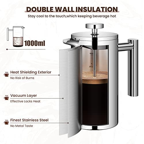 Velaze Cafetière à Piston en Acier Inoxydable 1 L pour 8 Tasses, Double Paroi Isolante avec 5 Flitres Recharges, Cafetiè