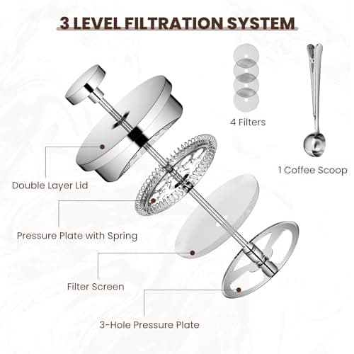Velaze Cafetière à Piston en Acier Inoxydable 1 L pour 8 Tasses, Double Paroi Isolante avec 5 Flitres Recharges, Cafetiè