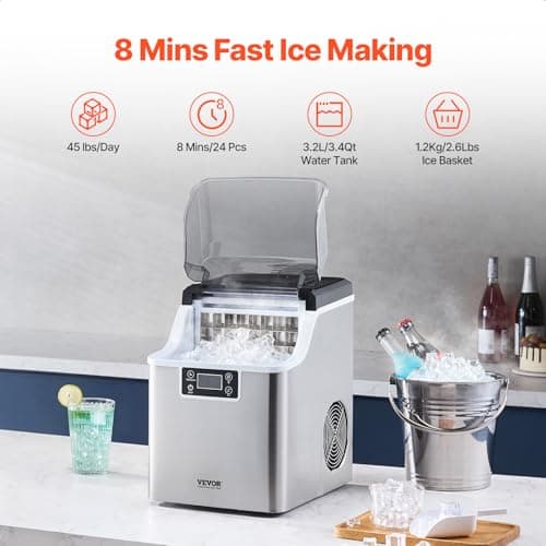 VEVOR Machine à glaçons de comptoir rendement 20,4 kg/24 h, pour cuisine bar maison, avec nettoyage automatique