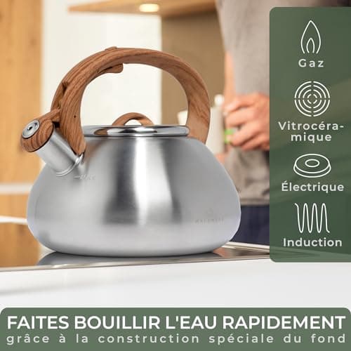 Bouilloire INOX Vintage WALDWERK 2,3 L pour Induction et Gaz - Poignée Aspect Bois - Sifflante