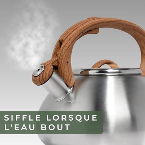 Bouilloire INOX Vintage WALDWERK 2,3 L pour Induction et Gaz - Poignée Aspect Bois - Sifflante