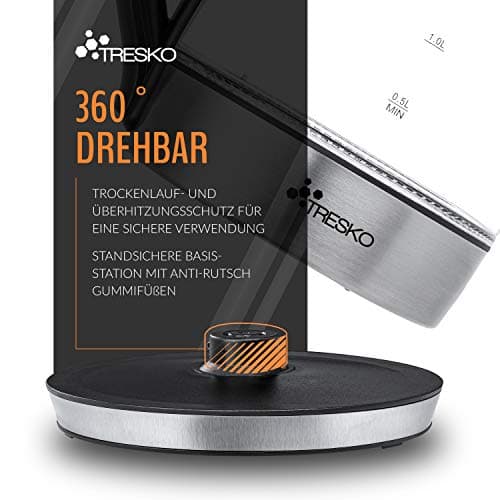TRESKO Bouilloire électrique en cristal 1.8 L | Illumination LED | Fonction de Maintien au Chaud