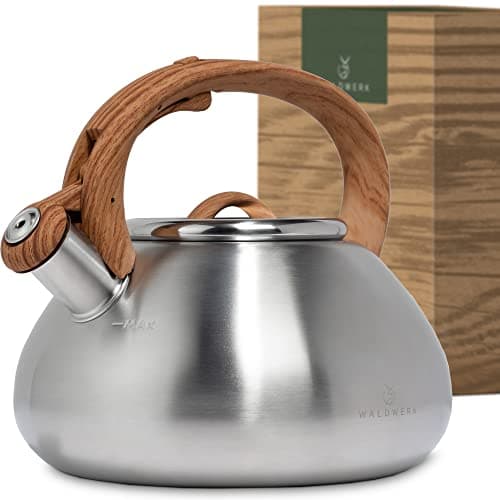 Bouilloire INOX Vintage WALDWERK 2,3 L pour Induction et Gaz - Poignée Aspect Bois - Sifflante