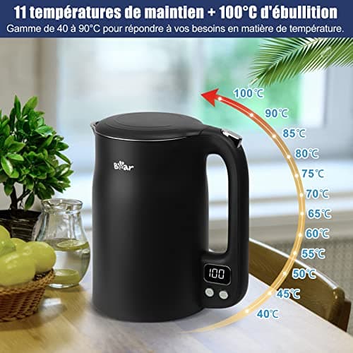 Bear Bouilloire Électrique 1.7L Acier Inoxydable 304 - 11 Températures Réglables (40°C-100°C), 1800W Sécurité Antibrûlur