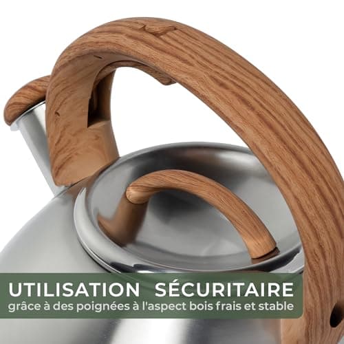 Bouilloire INOX Vintage WALDWERK 2,3 L pour Induction et Gaz - Poignée Aspect Bois - Sifflante