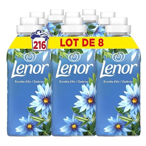 Lenor Adoucissant Envolée d’Air 24H De Fraîcheur Relaxante, Huiles Essentielles, 8 x 27 Lavages
