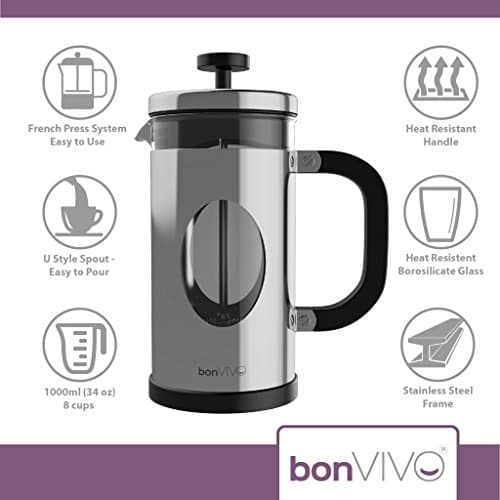 bonVIVO GAZETARO I - Cafetière Piston INOX, Cafetière à Piston, French Press en INOX et Verre Finition Argentée - Grande