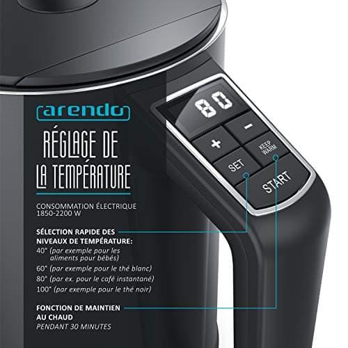 Arendo Bouilloire Électrique - Ebullition Rapide 2200 W - Température Contrôlée 40°C à 100°C - 1,5 L Acier Inoxydable sa