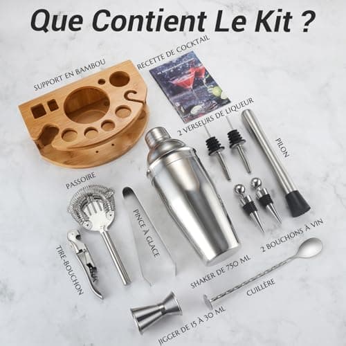 Kit Shaker à Cocktail Argenté pour Bar à Domicile Fête|Kit Cocktail 12 Pièces Acier Inoxydable Fête|Machine à Cocktail S