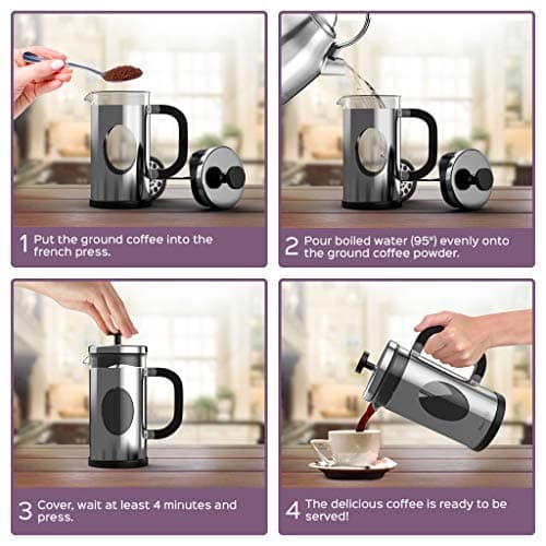 bonVIVO GAZETARO I - Cafetière Piston INOX, Cafetière à Piston, French Press en INOX et Verre Finition Argentée - Grande