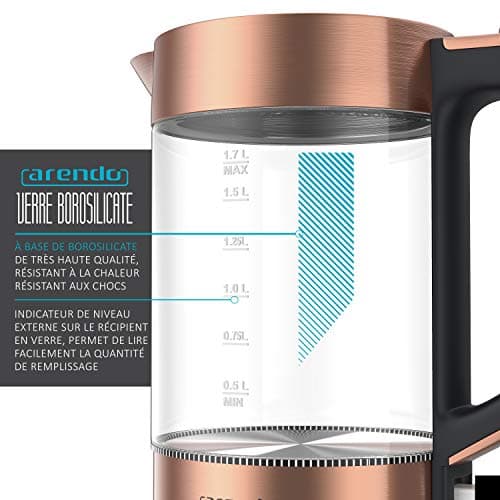 Arendo - Bouilloire de 1,7L en verre borosilicaté et acier inoxydable brossé - Arrêt automatique et ébullition rapide -