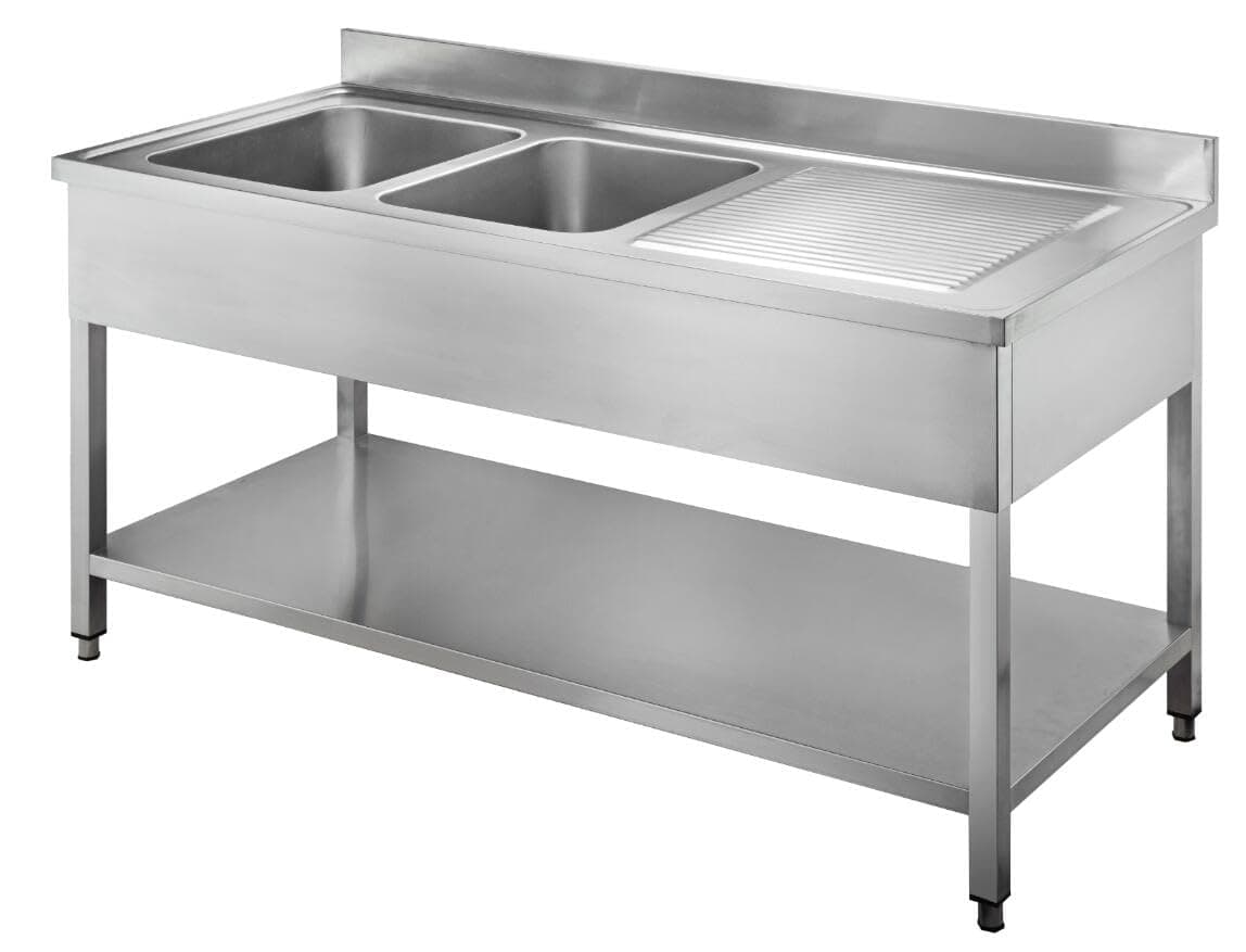 Arredo Chef Plonge INOX  Professionnel pour Cuisine Bar Hôtel Restaurant Collectivité 160x70x95cm 2 Bacs Gauche