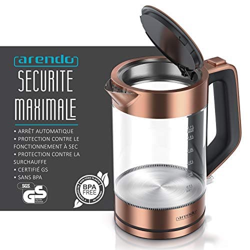 Arendo - Bouilloire de 1,7L en verre borosilicaté et acier inoxydable brossé - Arrêt automatique et ébullition rapide -