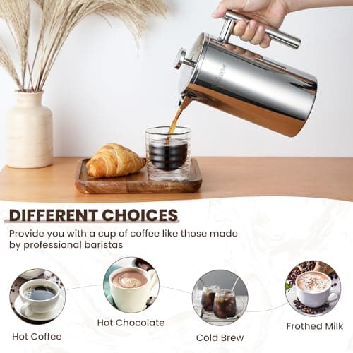 Velaze Cafetière à Piston en Acier Inoxydable 1 L pour 8 Tasses, Double Paroi Isolante avec 5 Flitres Recharges, Cafetiè
