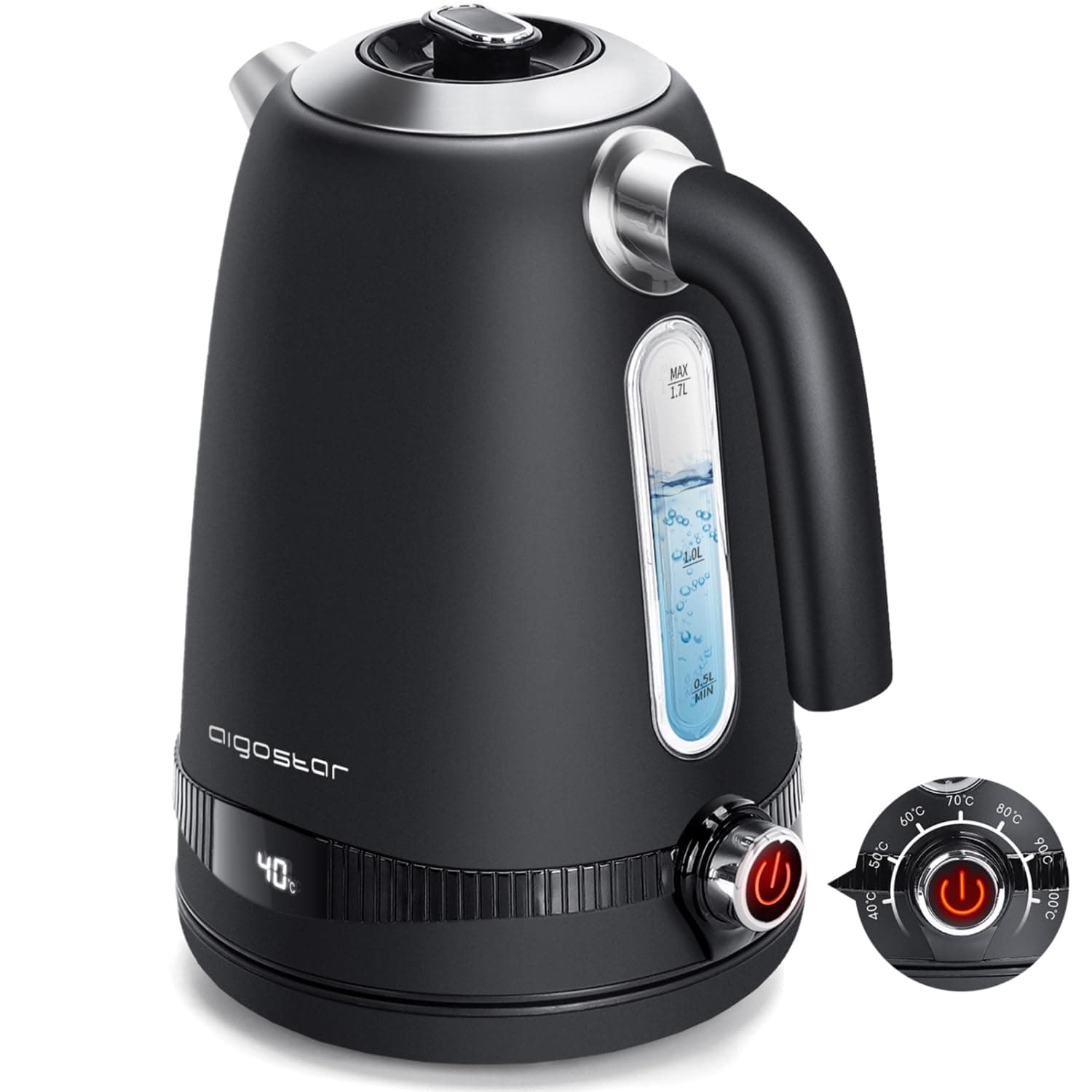 Bouilloire électrique Aigostar 2200W Température Réglable Inoxydable 1,7L Noir Vintage - Ébullition Rapide, Fonction Mai