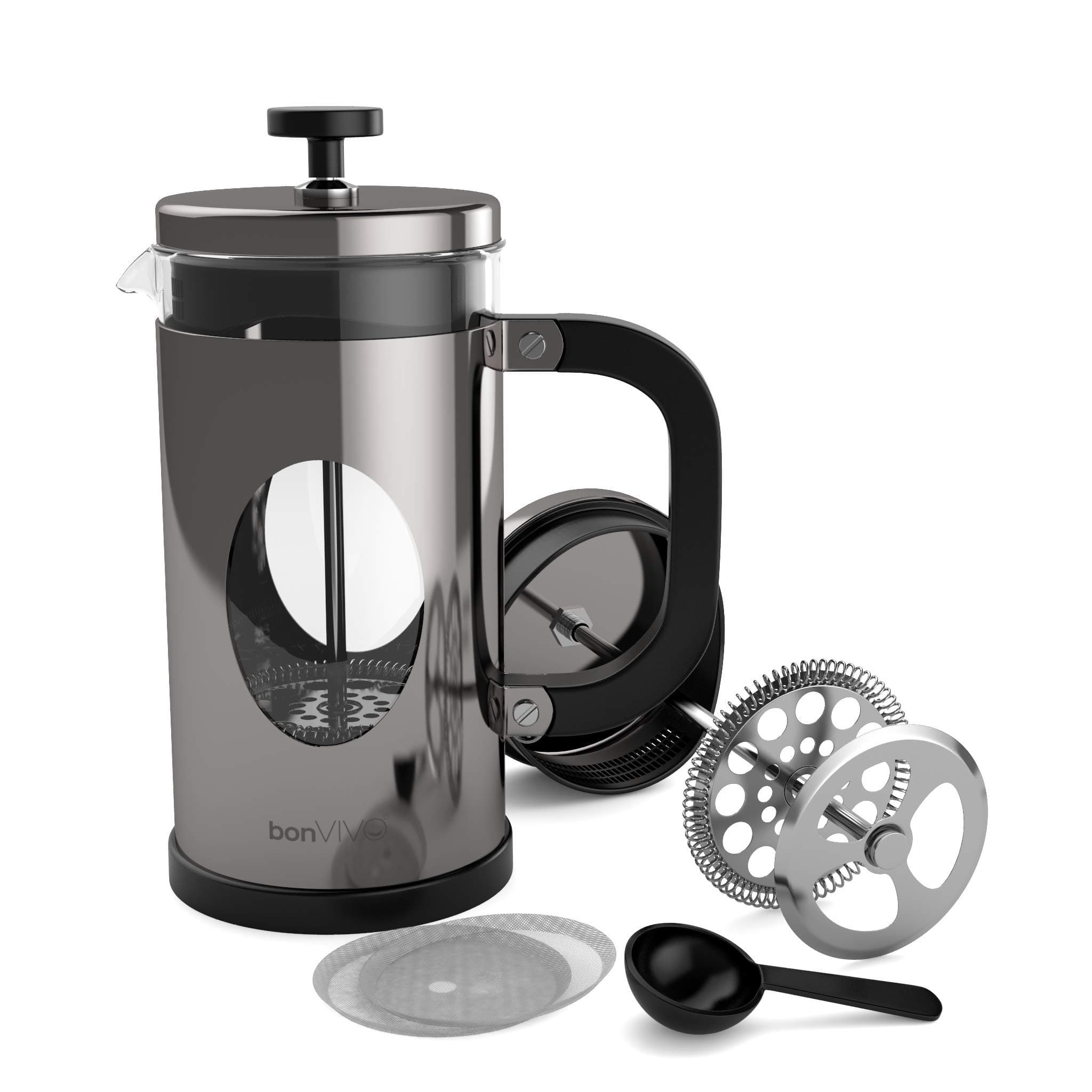 bonVIVO GAZETARO I - Cafetière Piston INOX, Cafetière à Piston, French Press en INOX et Verre Finition Argentée - Grande