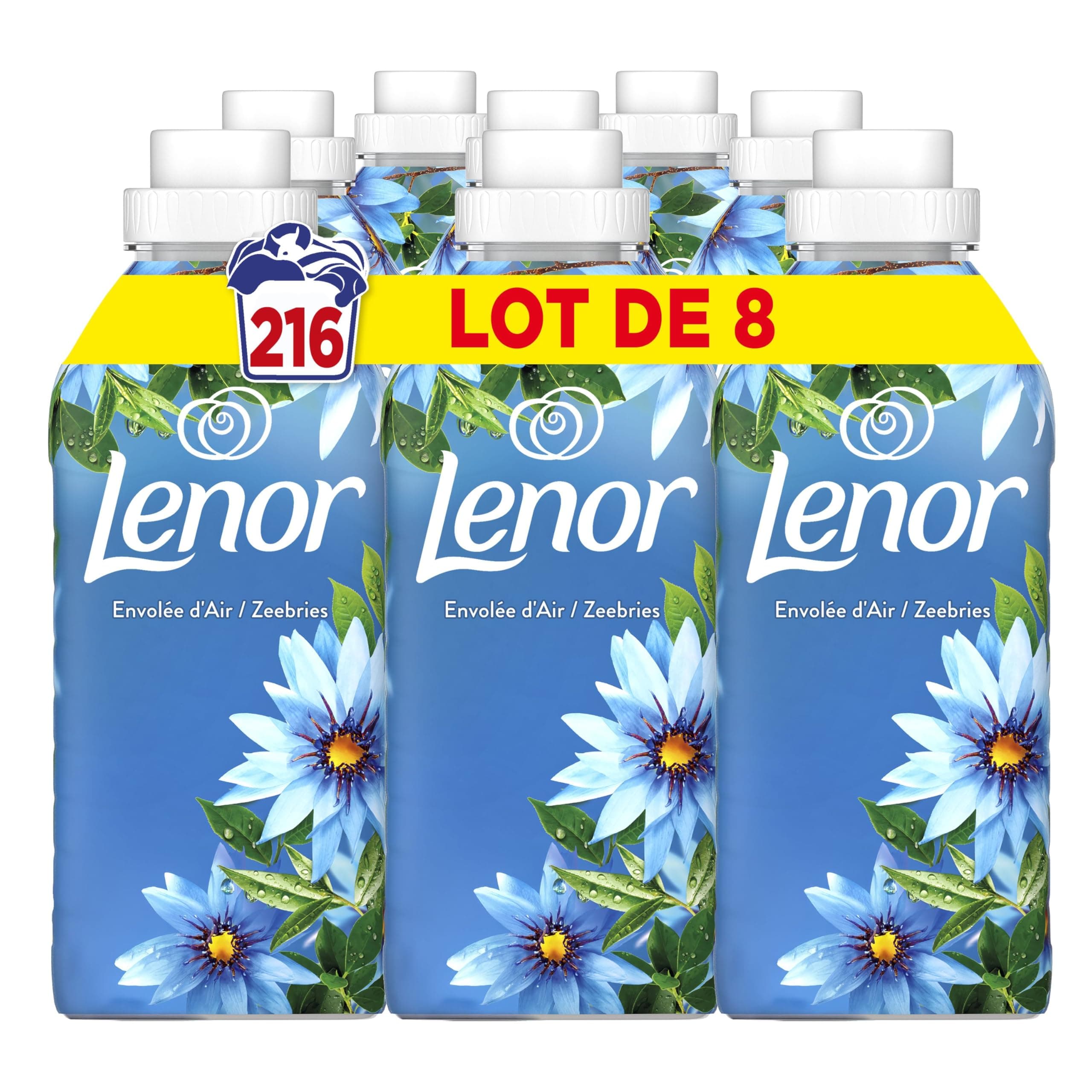 Lenor Adoucissant Envolée d’Air 24H De Fraîcheur Relaxante, Huiles Essentielles, 8 x 27 Lavages