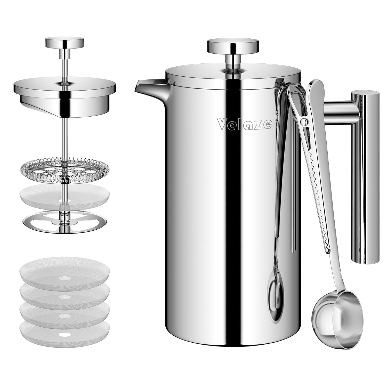 Velaze Cafetière à Piston en Acier Inoxydable 1 L pour 8 Tasses, Double Paroi Isolante avec 5 Flitres Recharges, Cafetiè